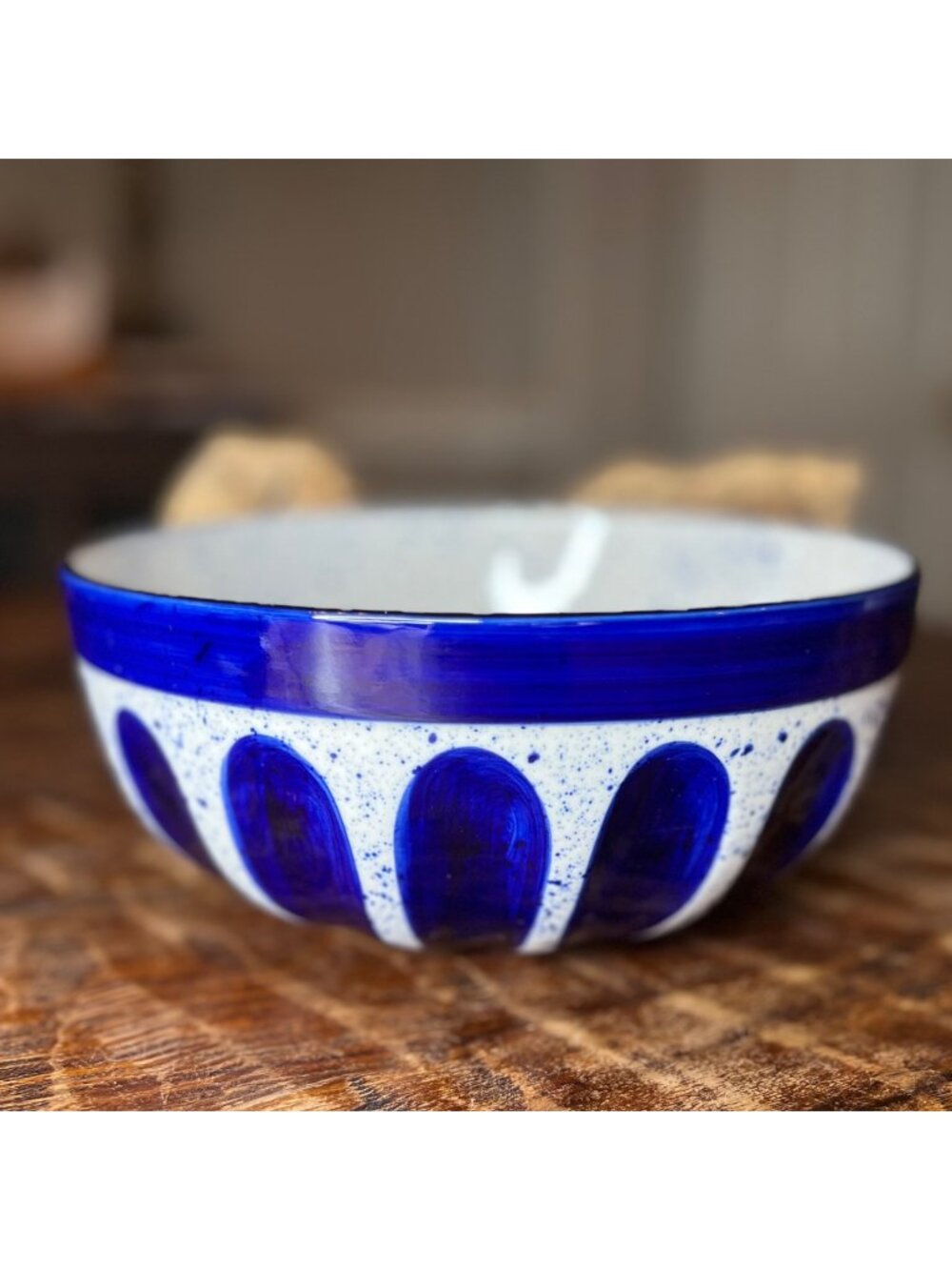 Hand-Painted Stoneware Blue & White Speckled Modern  9"